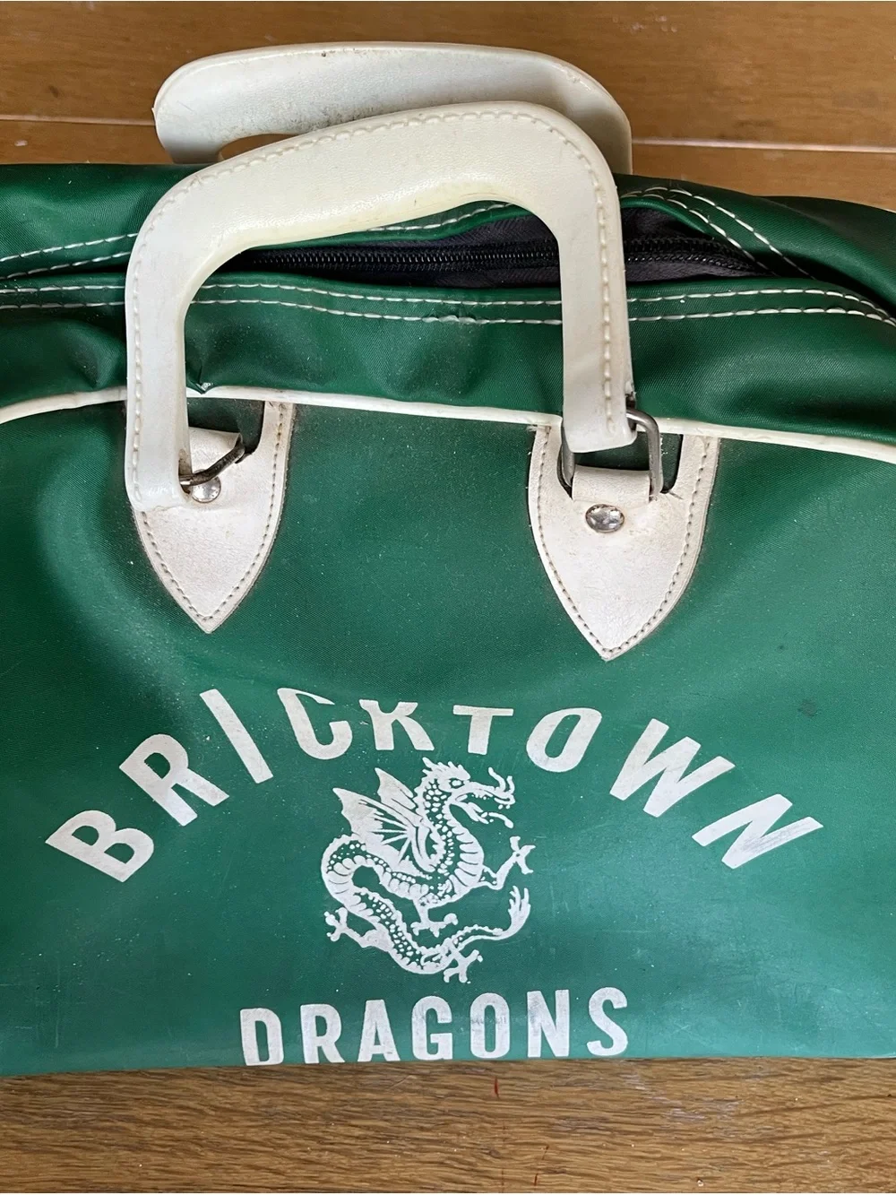 Vintage Bricktown NJ Dragons Green Vinyl Duffel Bag with White Handles